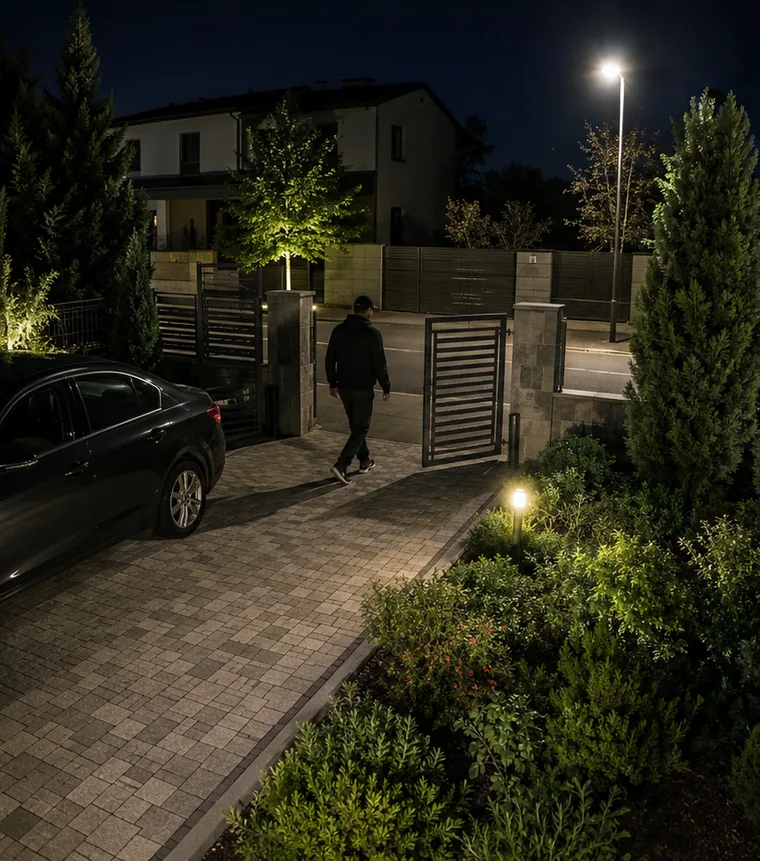 Αυλόπορτα κατοικίας τη νύχτα: κάποιος περνά την πόρτα και ξεχωρίζει το χρώμα στο μπουφάν του και στο παρκαρισμένο αυτοκίνητο.